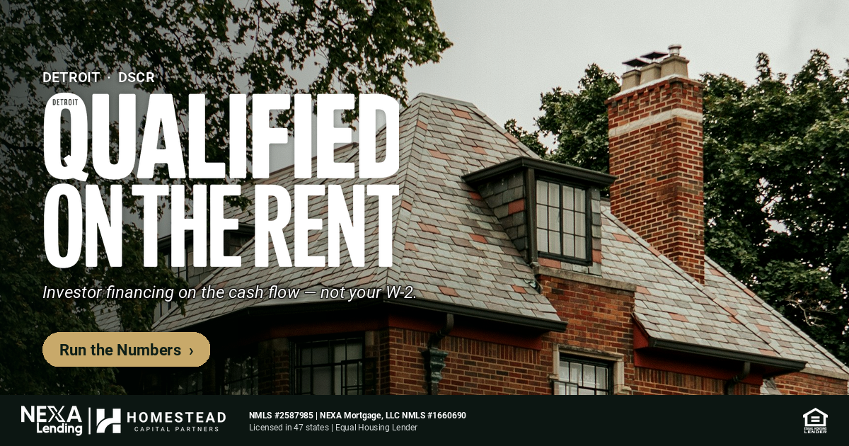 V2 Detroit DSCR — Indian Village brick mansion right-third anchored, "DETROIT DSCR · QUALIFIED ON THE RENT" magazine-cover headline left-third, gold CTA pill bottom-left, single cobrand in compliance footer