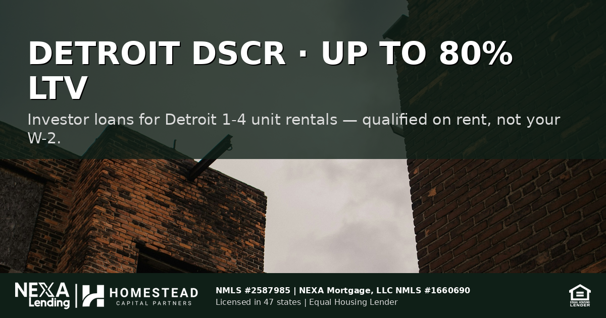 V1 Detroit DSCR — algorithmic composition with header band over photo, generic graffiti brick, "UP TO 80% LTV" Reg Z trigger headline