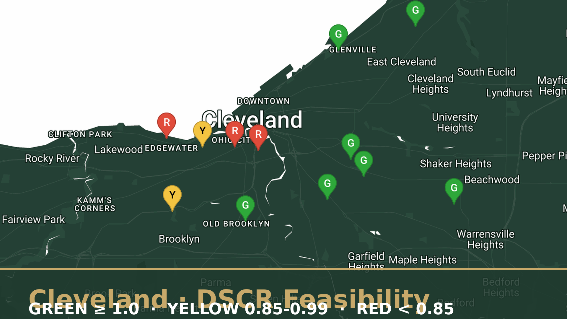 Cleveland DSCR feasibility heat map showing 12 neighborhoods color-coded green yellow red by debt service coverage ratio